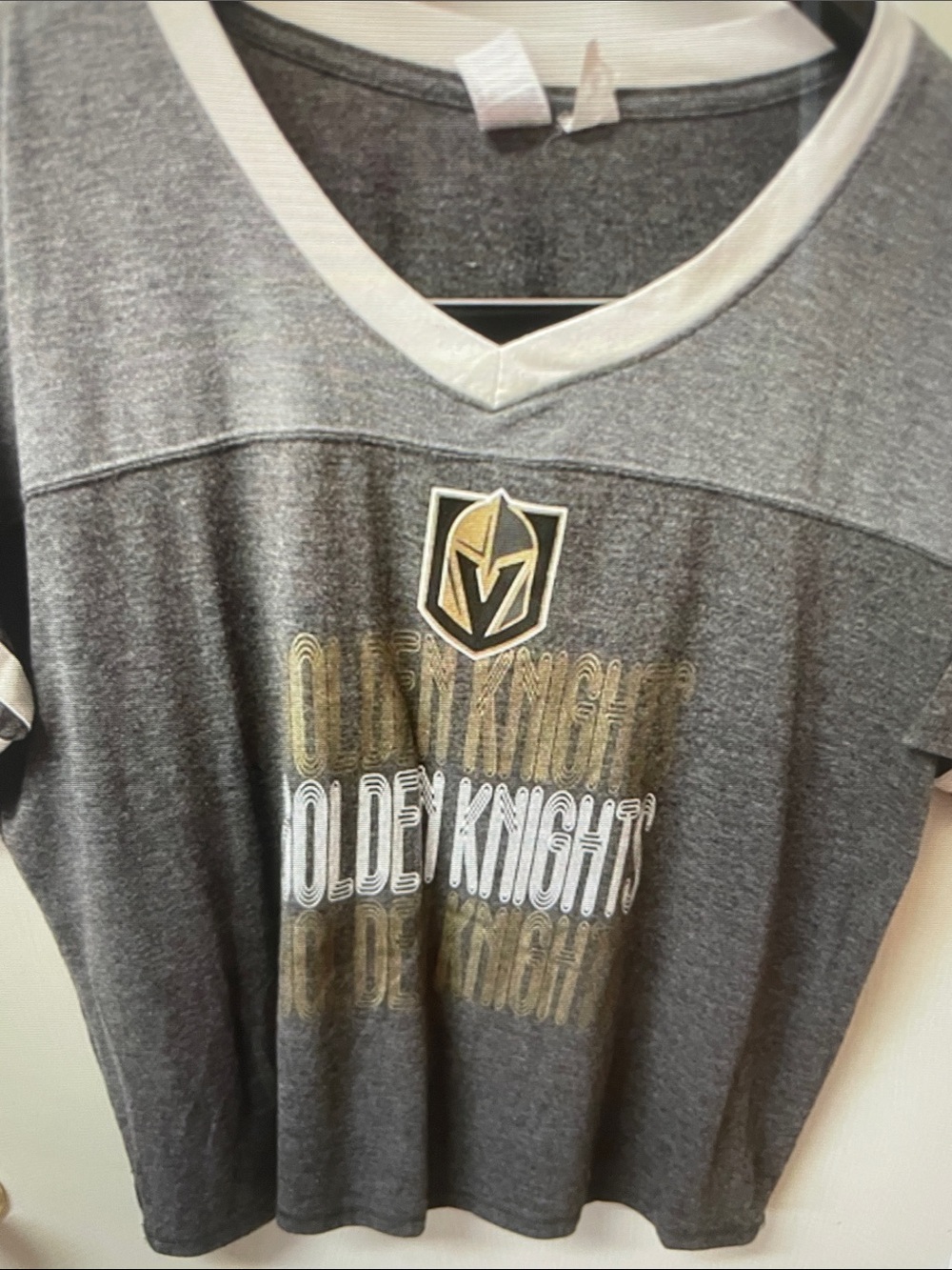 Vegas Golden Knights Womens Gray V-Neck Tee with Gold Logo